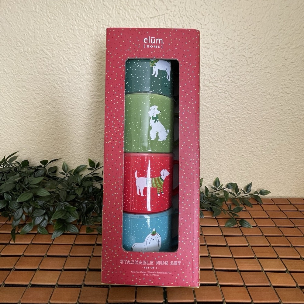 Elum Home Holiday Dog Stackable Mug Set Of 4 Christmas Ceramic Coffee Cups New